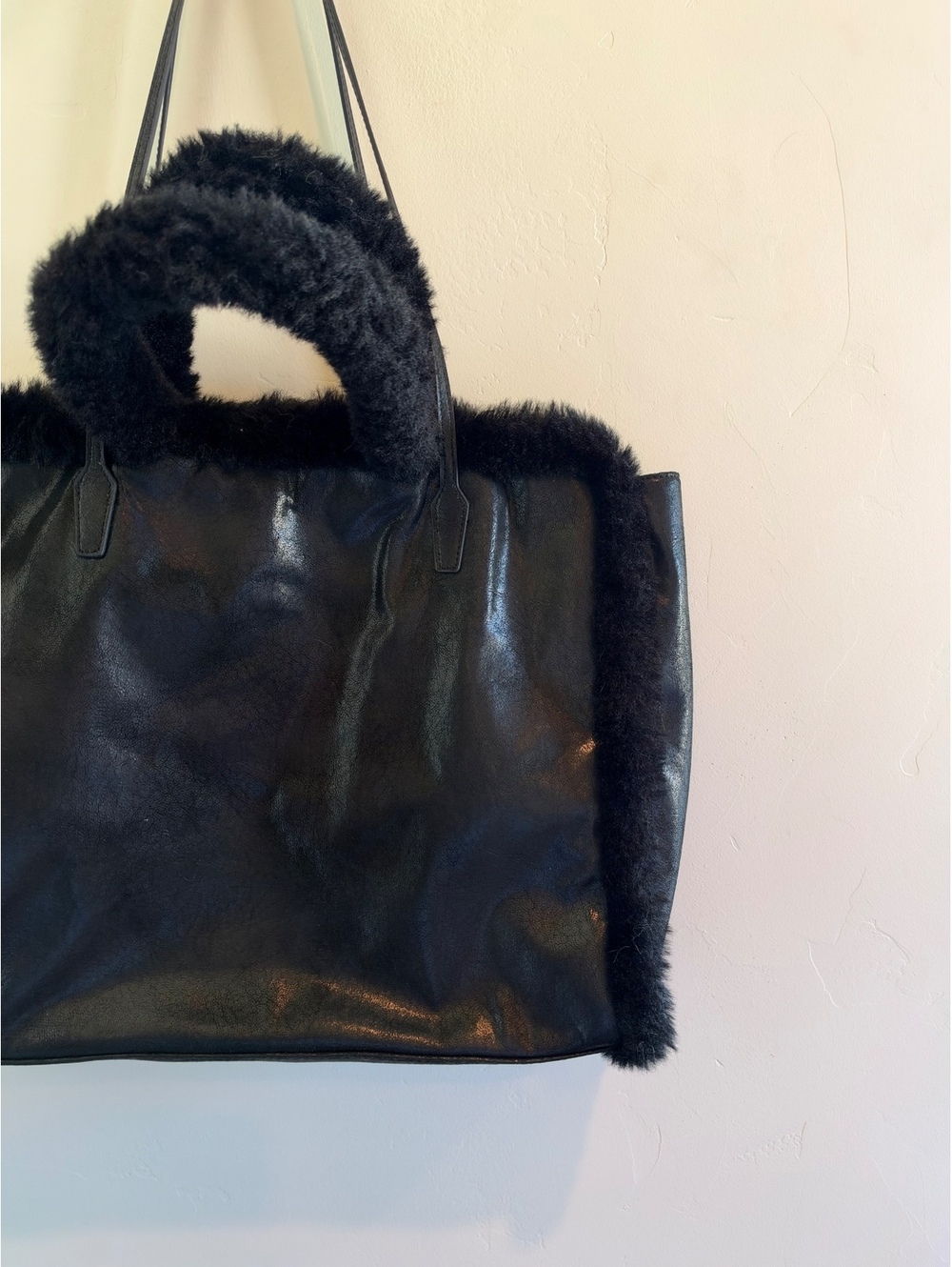 H&M Black Faux Leather Faux Fur Trim Oversized Tote Bag Shoulder Bag